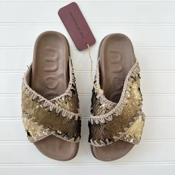 MOU Sandals Criss-Cross Bio Sandal Plain Gold Sequin Tan Slides 38 NWT