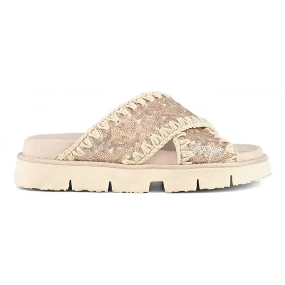 MOU Sandals Criss-Cross Bio Sandal Plain Gold Sequin Tan Slides 38 NWT