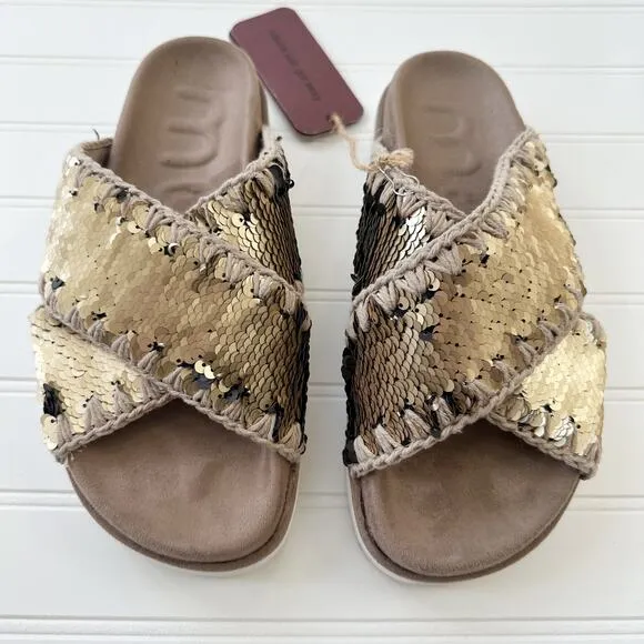 MOU Sandals Criss-Cross Bio Sandal Plain Gold Sequin Tan Slides 38 NWT