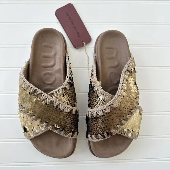 MOU Sandals Criss-Cross Bio Sandal Plain Gold Sequin Tan Slides 38 NWT