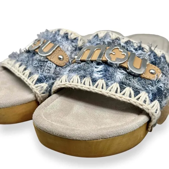 MOU Wood Clogs Blue Denim NEW Low Heel Suede Sandals Womens Size 40 fits 8.5-9.5