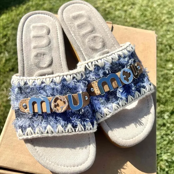 MOU Wood Clogs Blue Denim NEW Low Heel Suede Sandals Womens Size 40 fits 8.5-9.5