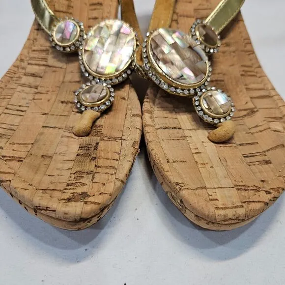 Mystique Womens Mother Of Pearl Leather Cork Wedge Sandals Size 8 Embellished