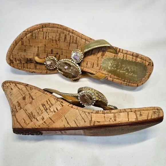 Mystique Womens Mother Of Pearl Leather Cork Wedge Sandals Size 8 Embellished