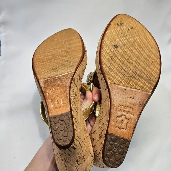 Mystique Womens Mother Of Pearl Leather Cork Wedge Sandals Size 8 Embellished