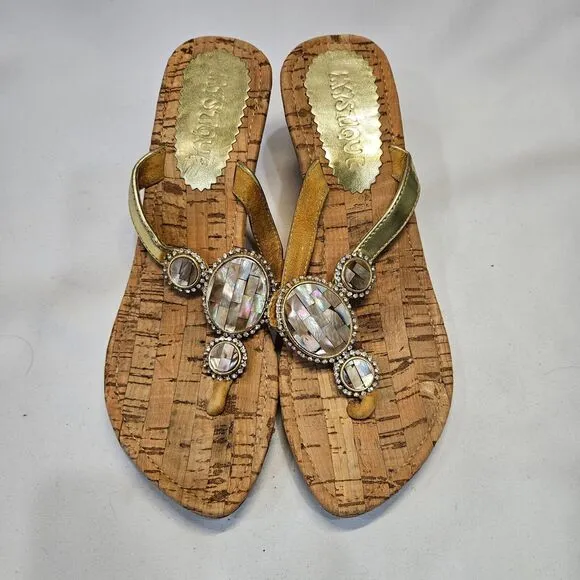 Mystique Womens Mother Of Pearl Leather Cork Wedge Sandals Size 8 Embellished