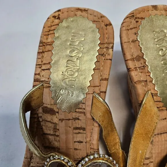 Mystique Womens Mother Of Pearl Leather Cork Wedge Sandals Size 8 Embellished