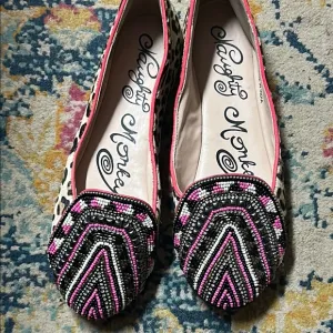 Naughty Monkey Women's Beaded Flats - Black and Pink - hair on leather leopard