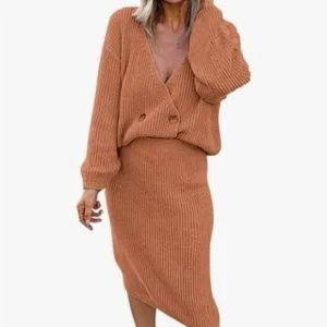 New 2pcs Deep V Neck Knit Sweater Skirt Sets