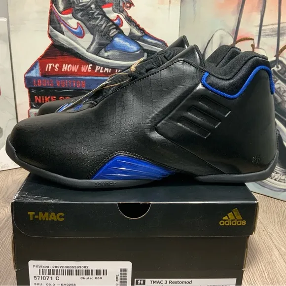 New Adidas TMAC 3 Restomod Black Royal Blue GU0258 Men's Sz 9 Basketball Shoes.