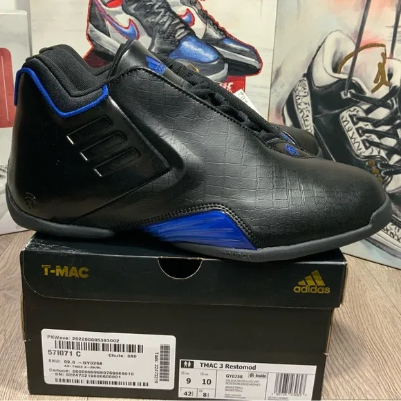 New Adidas TMAC 3 Restomod Black Royal Blue GU0258 Men's Sz 9 Basketball Shoes.