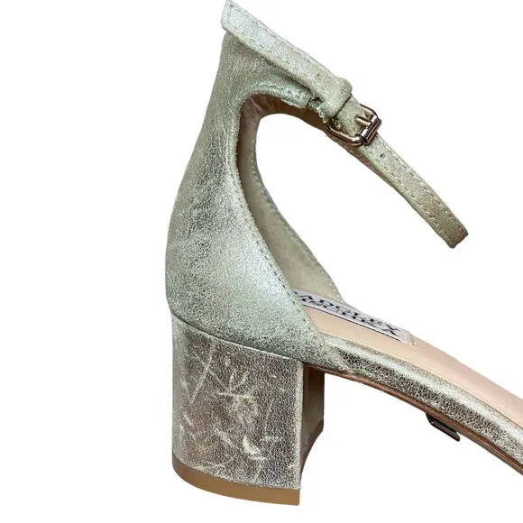 New BADGLEY MISCHKA Clove City Gold Leather Embellished Chunky‎ Heel Sandal