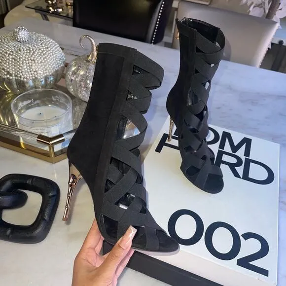 New Balmain Tali Black Peep-Toe Lattice Suede Stiletto Booties