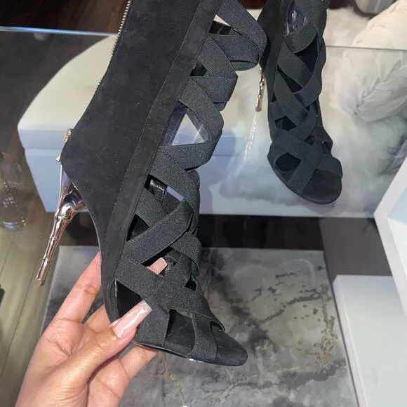 New Balmain Tali Black Peep-Toe Lattice Suede Stiletto Booties