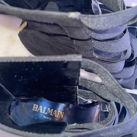 New Balmain Tali Black Peep-Toe Lattice Suede Stiletto Booties