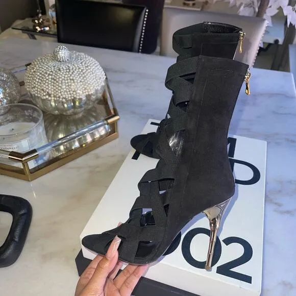 New Balmain Tali Black Peep-Toe Lattice Suede Stiletto Booties