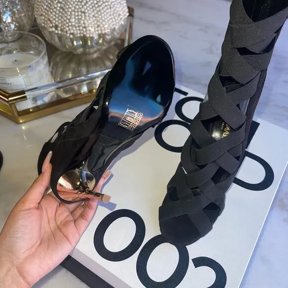 New Balmain Tali Black Peep-Toe Lattice Suede Stiletto Booties