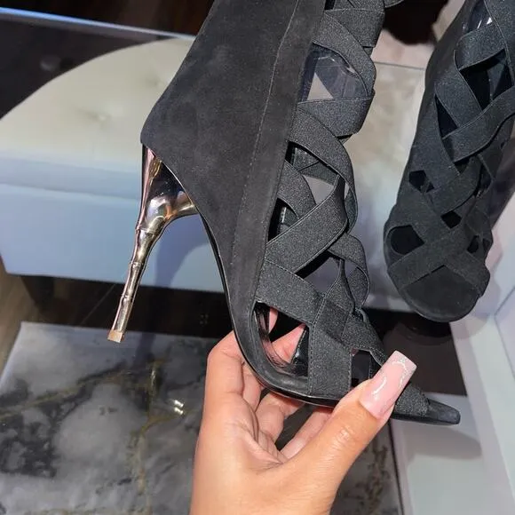 New Balmain Tali Black Peep-Toe Lattice Suede Stiletto Booties