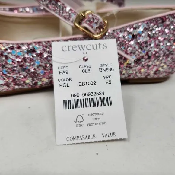 New big girl's 5 Crewcuts x J Crew pink glitter Mary Jane flats dress shoes