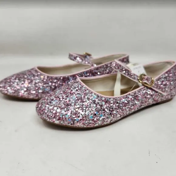 New big girl's 5 Crewcuts x J Crew pink glitter Mary Jane flats dress shoes