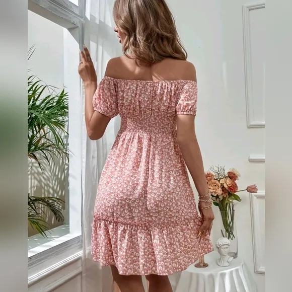 NEW Boho Floral Off Shoulder Ruffle Dress Puffed Sleeve Pink White