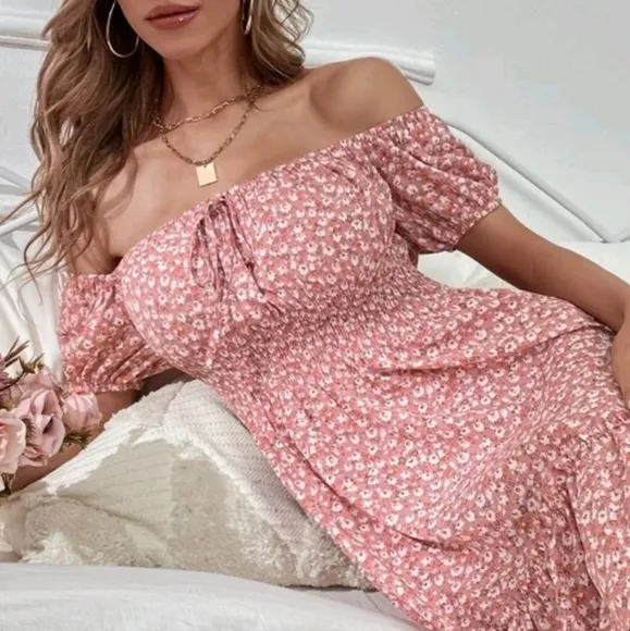 NEW Boho Floral Off Shoulder Ruffle Dress Puffed Sleeve Pink White