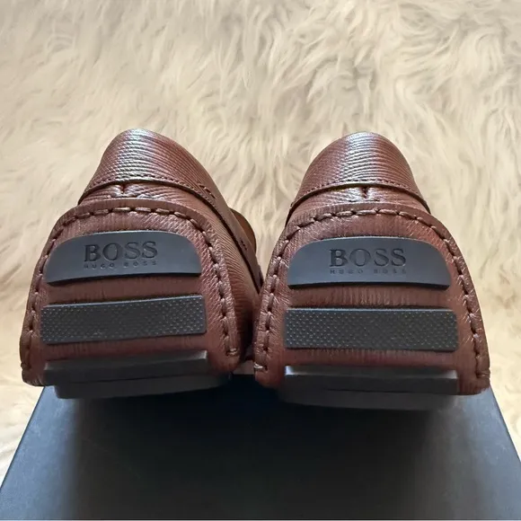 New! BOSS Hugo Boss Logo Noel Grained Leather Moccasins Loafers Driver Shoes