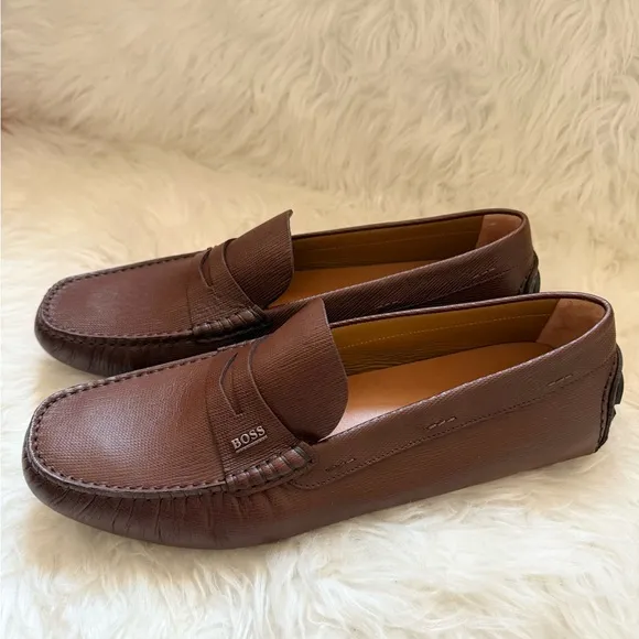 New! BOSS Hugo Boss Logo Noel Grained Leather Moccasins Loafers Driver Shoes