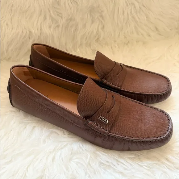 New! BOSS Hugo Boss Logo Noel Grained Leather Moccasins Loafers Driver Shoes