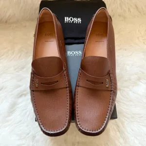 New! BOSS Hugo Boss Logo Noel Grained Leather Moccasins Loafers Driver Shoes