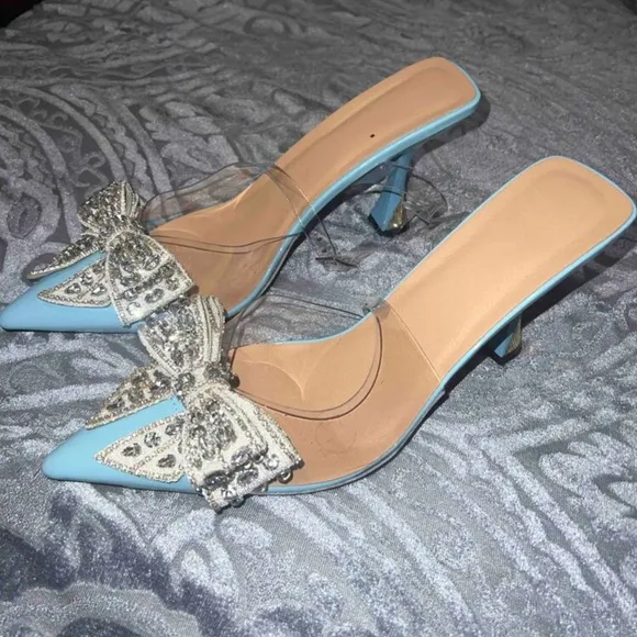 NEW - Elegant Blue Slingback Heels with Crystal Bow