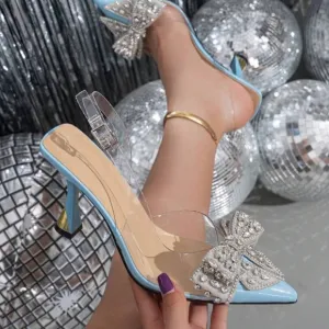 NEW - Elegant Blue Slingback Heels with Crystal Bow