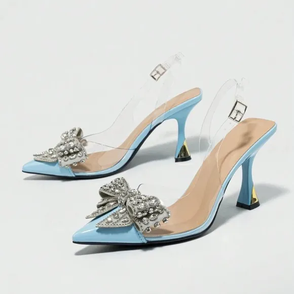NEW - Elegant Blue Slingback Heels with Crystal Bow