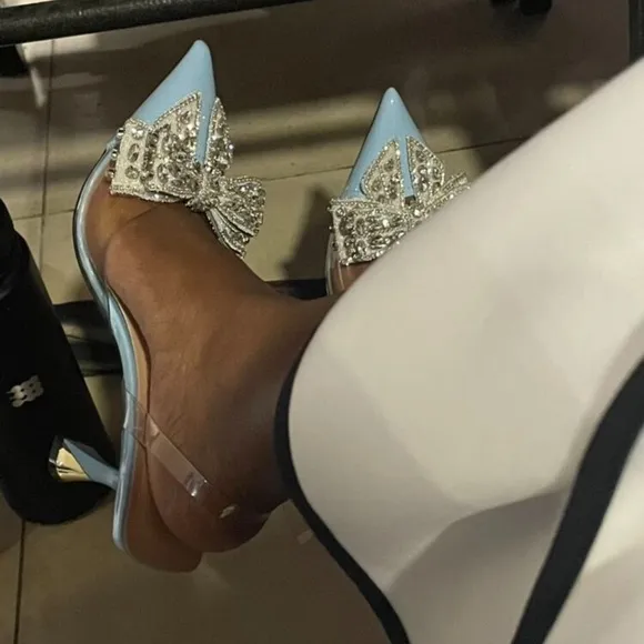 NEW - Elegant Blue Slingback Heels with Crystal Bow