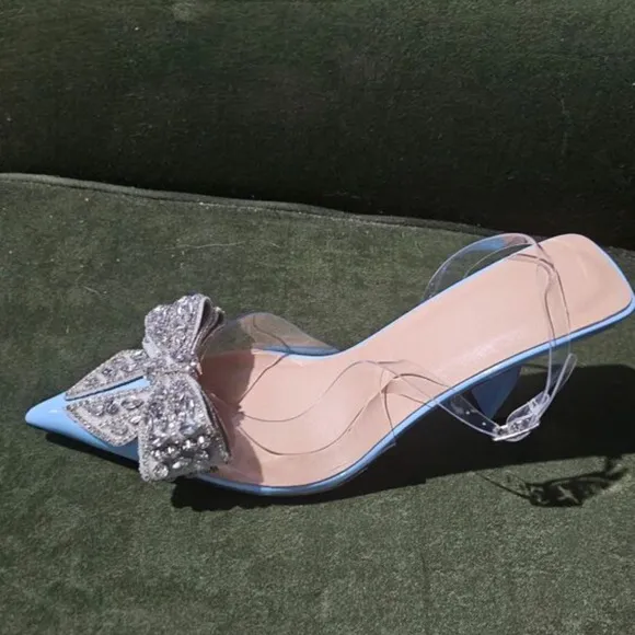 NEW - Elegant Blue Slingback Heels with Crystal Bow