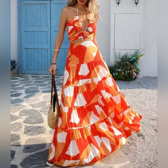 New Flowy Print Tie Cut Out Maxi Halter Dress Orange White