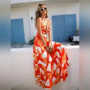 New Flowy Print Tie Cut Out Maxi Halter Dress Orange White