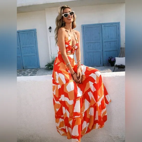 New Flowy Print Tie Cut Out Maxi Halter Dress Orange White