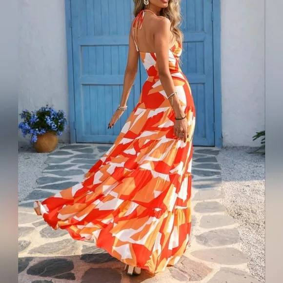 New Flowy Print Tie Cut Out Maxi Halter Dress Orange White