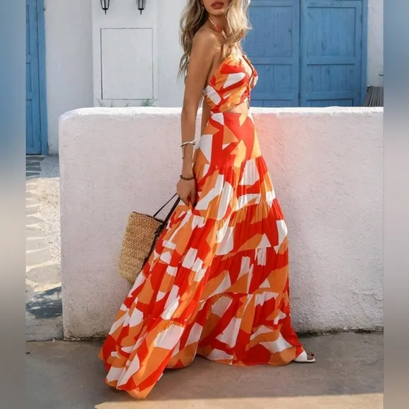 New Flowy Print Tie Cut Out Maxi Halter Dress Orange White