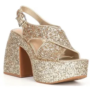 NEW GB Gianni Bini Friday Nite Glitter Platform Dress Sandals in Gold