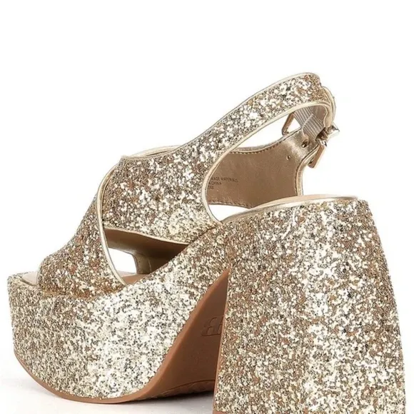 NEW GB Gianni Bini Friday Nite Glitter Platform Dress Sandals in Gold