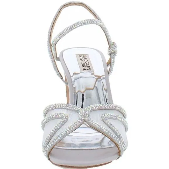 New Gorgeous BADGLEY MISCHKA Sz 8 SilverHey Open Toe Block 3.5”Heel Sandals