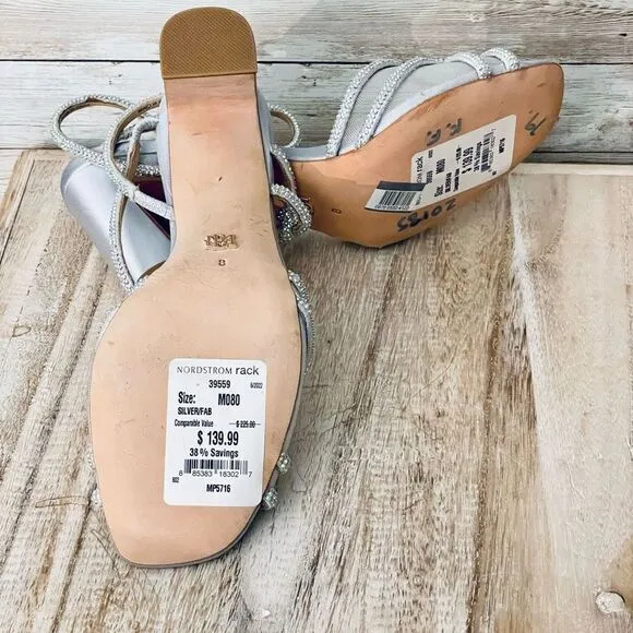 New Gorgeous BADGLEY MISCHKA Sz 8 SilverHey Open Toe Block 3.5”Heel Sandals