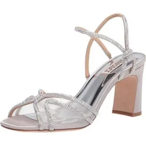 New Gorgeous BADGLEY MISCHKA Sz 8 SilverHey Open Toe Block 3.5”Heel Sandals