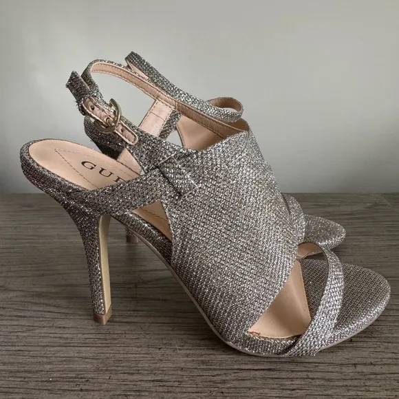 NEW GUESS Gold Rhinestone Strappy Heels NWT Geneva Formal Prom Wedding Metallic