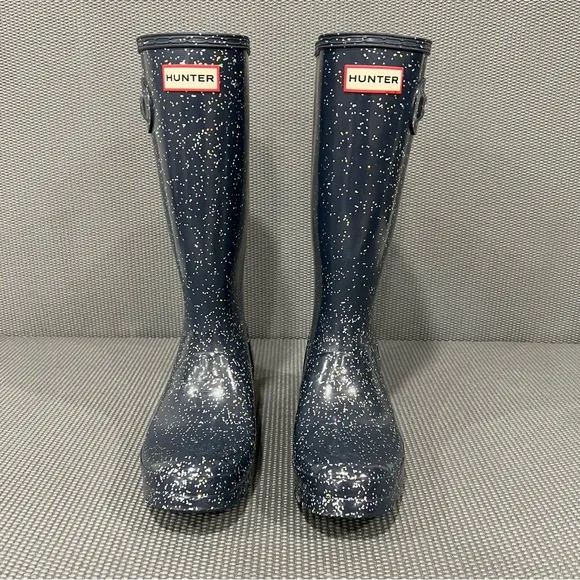 NEW Hunter Original Tall Glitter Rubber Rain Boots Navy Blue‎ Girls Size 6