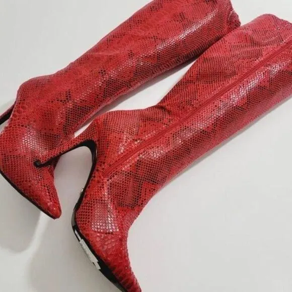 New in Box INC Sz 6.5. Rajel Red Snake Dress High Stiletto Heel Beautiful Boots