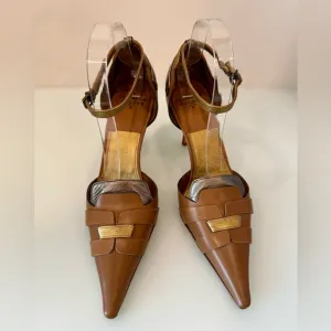 NEW LAURENCE DACADE Ivonne Sara Vitello Tan Metallic Leather Mules Pumps Shoes