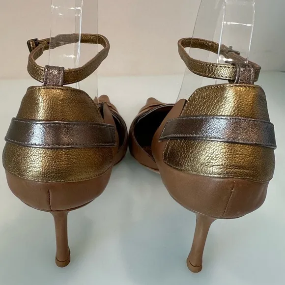 NEW LAURENCE DACADE Ivonne Sara Vitello Tan Metallic Leather Mules Pumps Shoes
